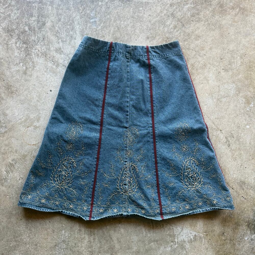 Vtg 1990s Liz Claiborne Denim Skirt Embroidered Accents Womens Size 2 Petite - Picture 1 of 7